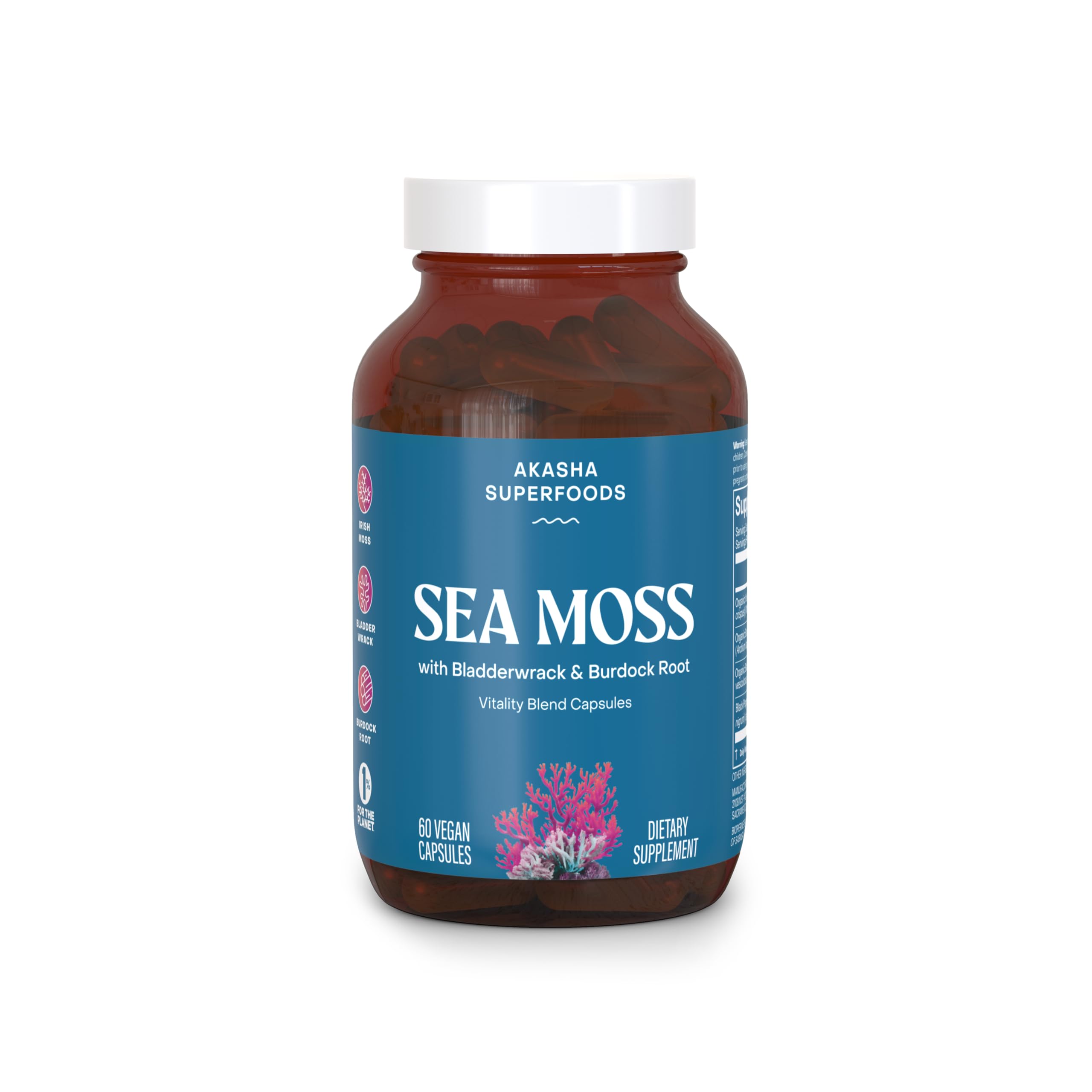Akasha Superfoods Sea Moss Capsules bottle for daily wellness routine.
