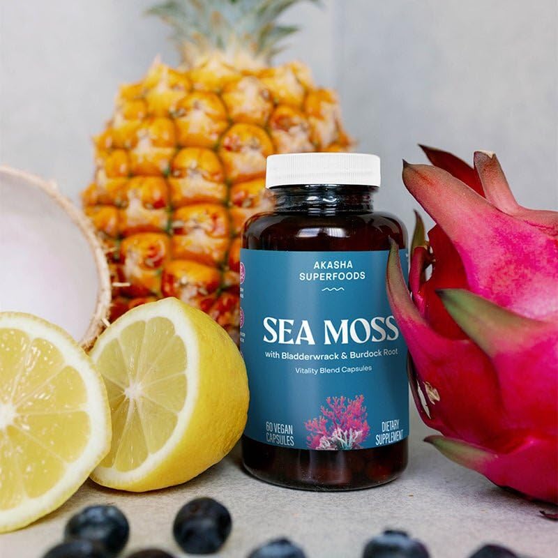Close-up of Akasha Superfoods Sea Moss Capsules capsules ready for daily intake.