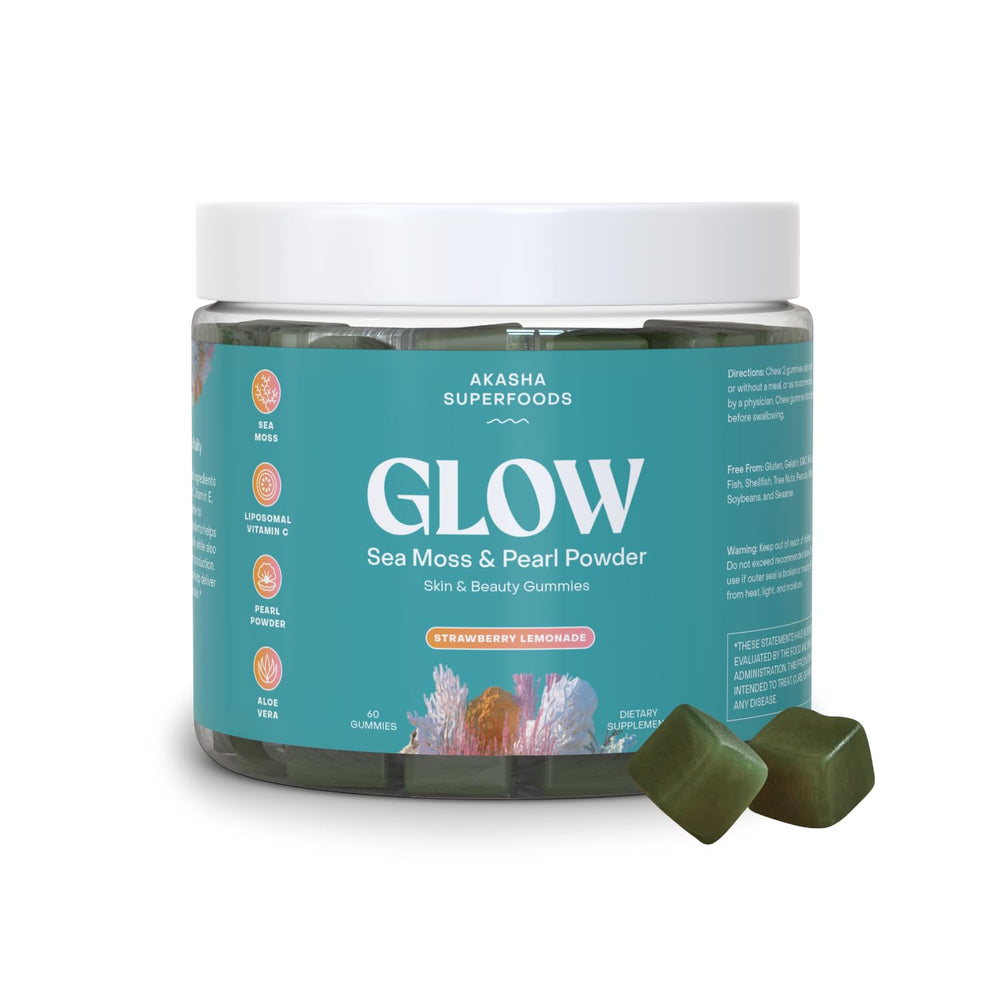 Akasha Sea Moss Glow Gummies bottle front for easy daily wellness