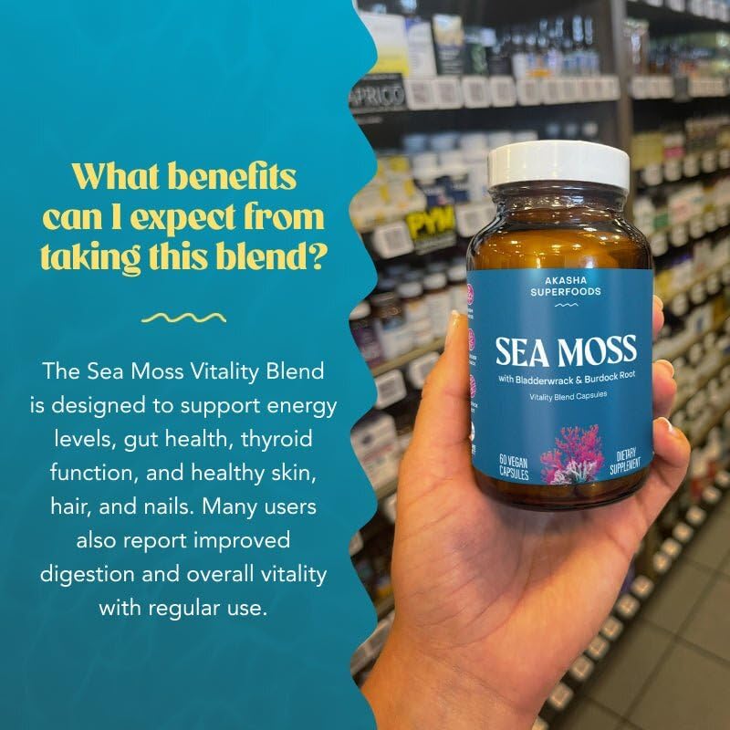 Clean vegan non-GMO label on Akasha Superfoods Sea Moss Capsules packaging.