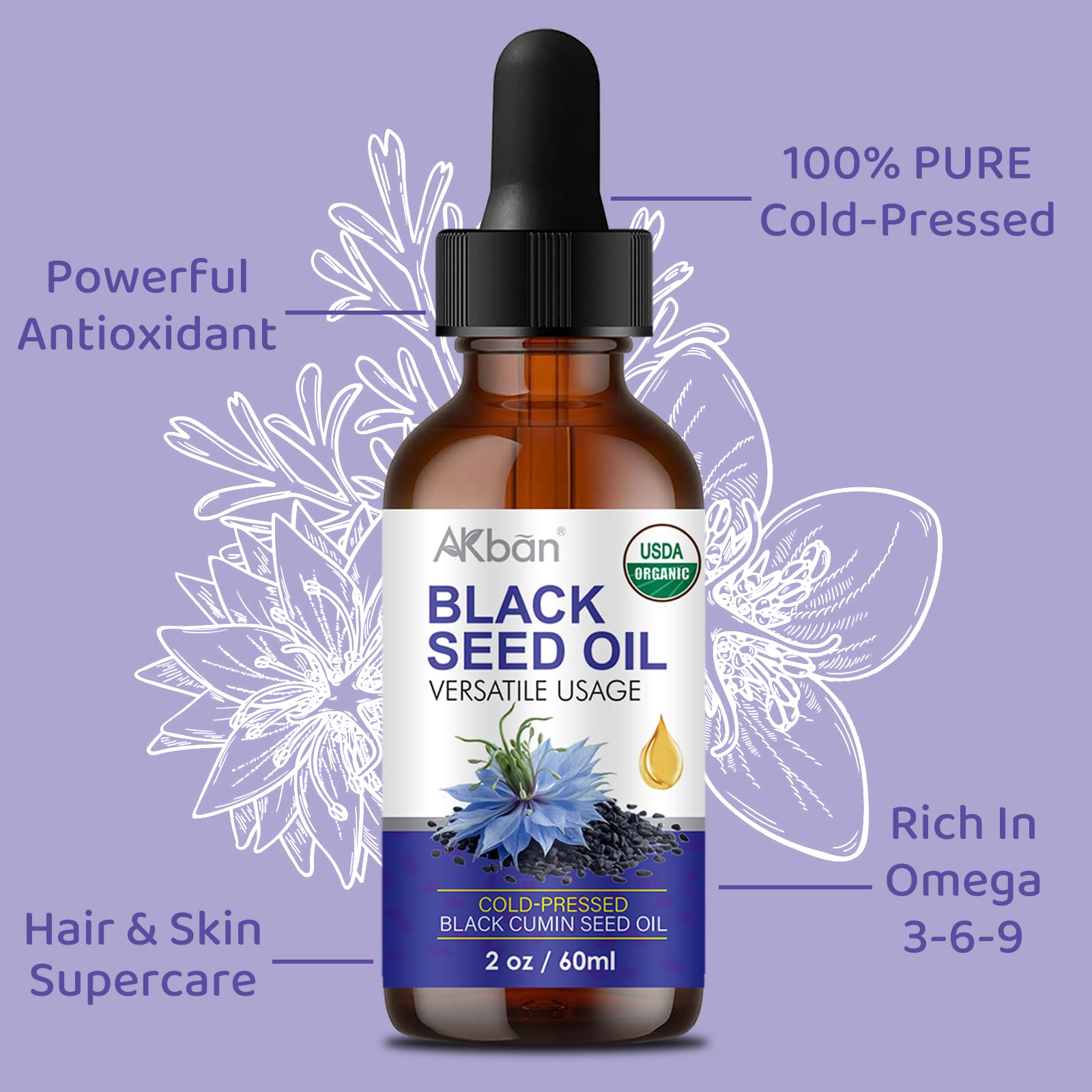 AKBAN Black Seed Oil label highlights premium extract rich in thymoquinone and omega fatty acids.