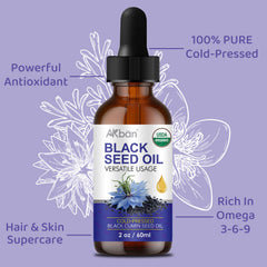 AKBAN Black Seed Oil label highlights premium extract rich in thymoquinone and omega fatty acids.