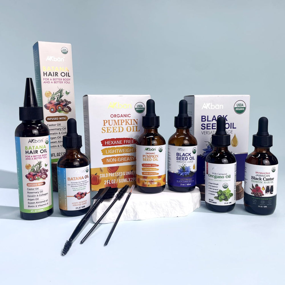 AKBAN natural ingredients layout suggests versatile uses for skin and hair care.
