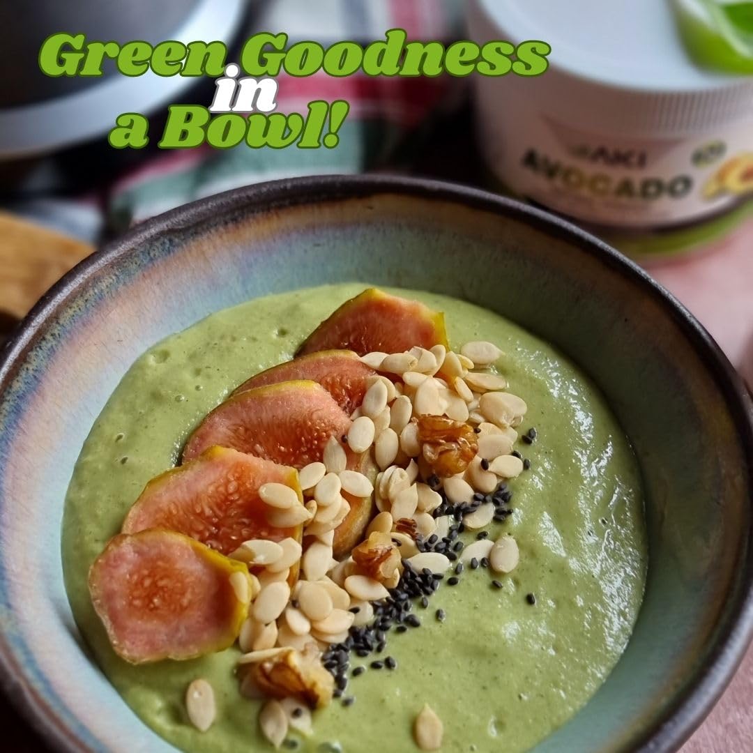 AKI Avocado Superfood Powder on a kitchen counter in a recipe setup