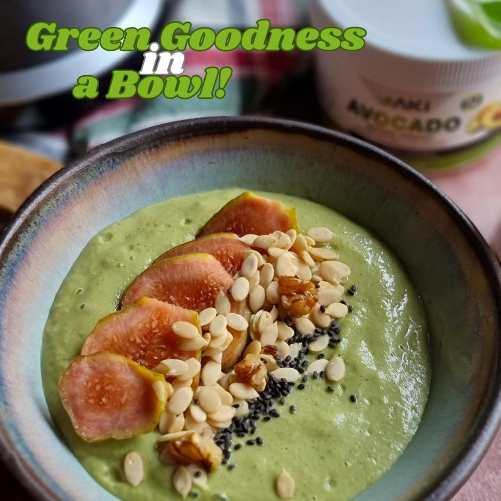 AKI Avocado Superfood Powder on a kitchen counter in a recipe setup