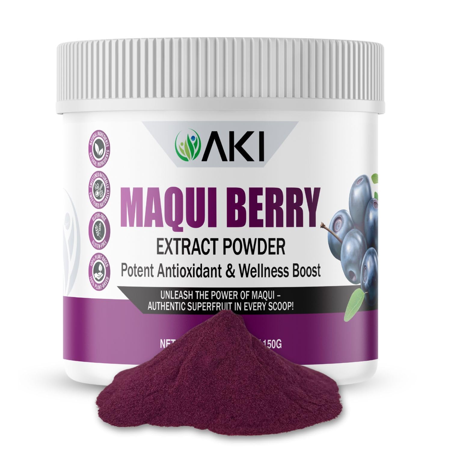 AKI Maqui Berry Extract Powder bottle highlighting Patagonia sourced and antioxidant rich formula
