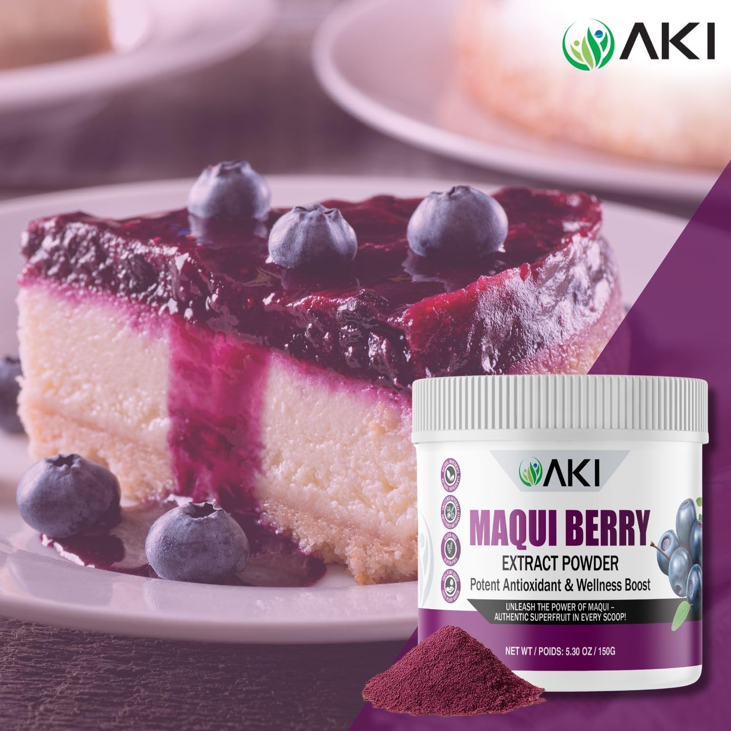 Package close-up of AKI Maqui Berry Extract Powder