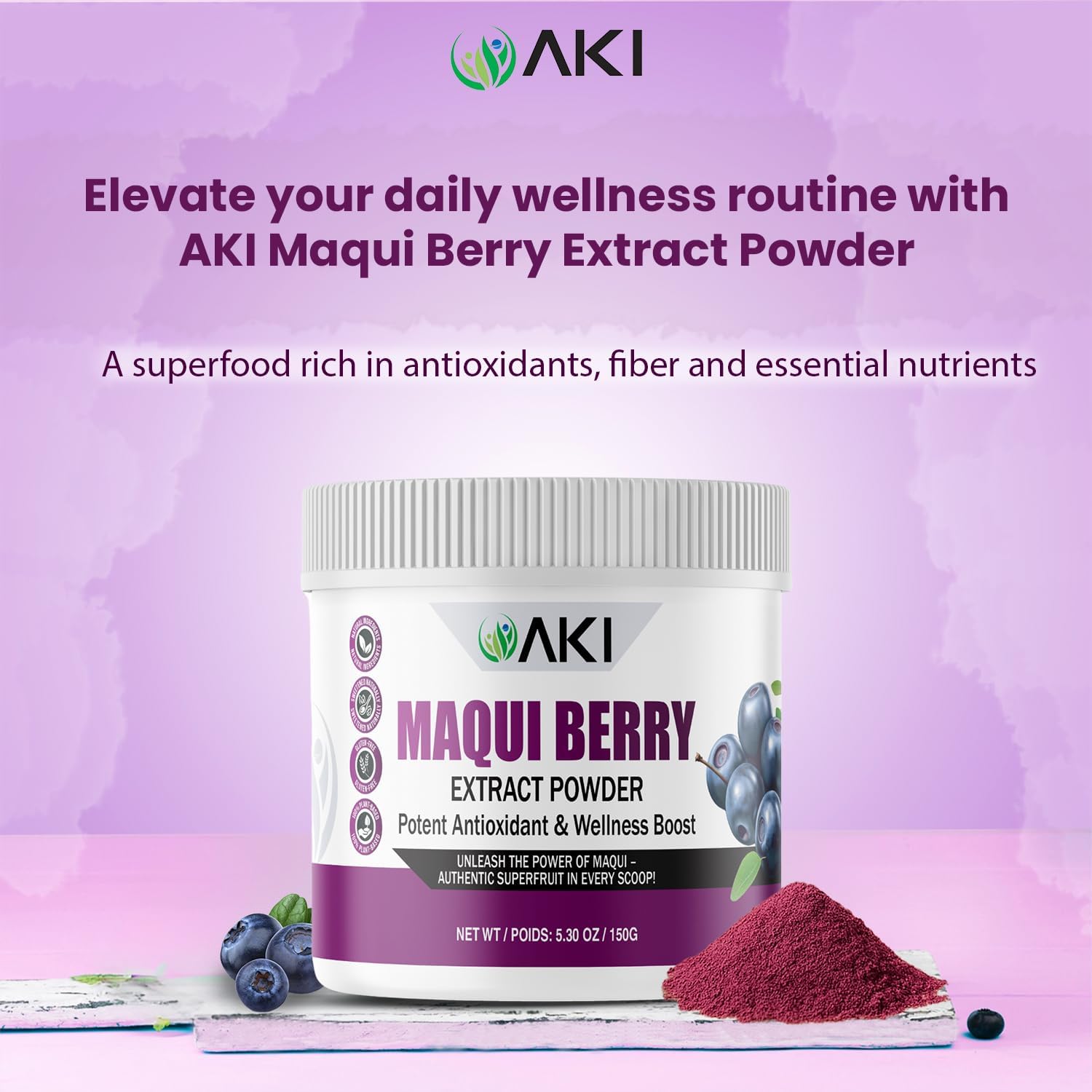 Scoop of AKI Maqui Berry powder ready to blend into smoothies