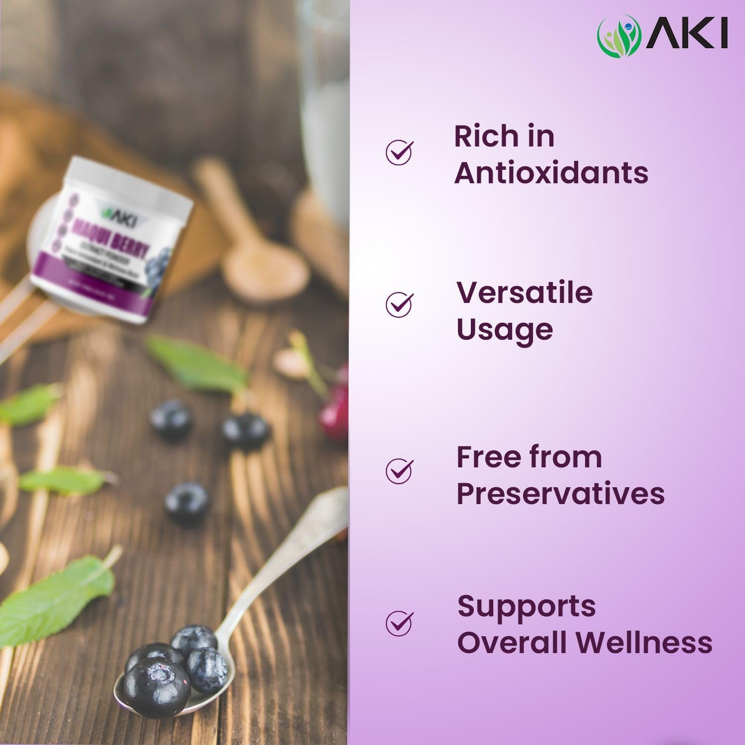 Smoothie with AKI Maqui Berry powder for natural color and nutrition