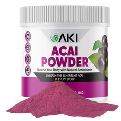 AKI Organic Acai Powder bottle showcasing vegan, non-GMO goodness for daily smoothies.
