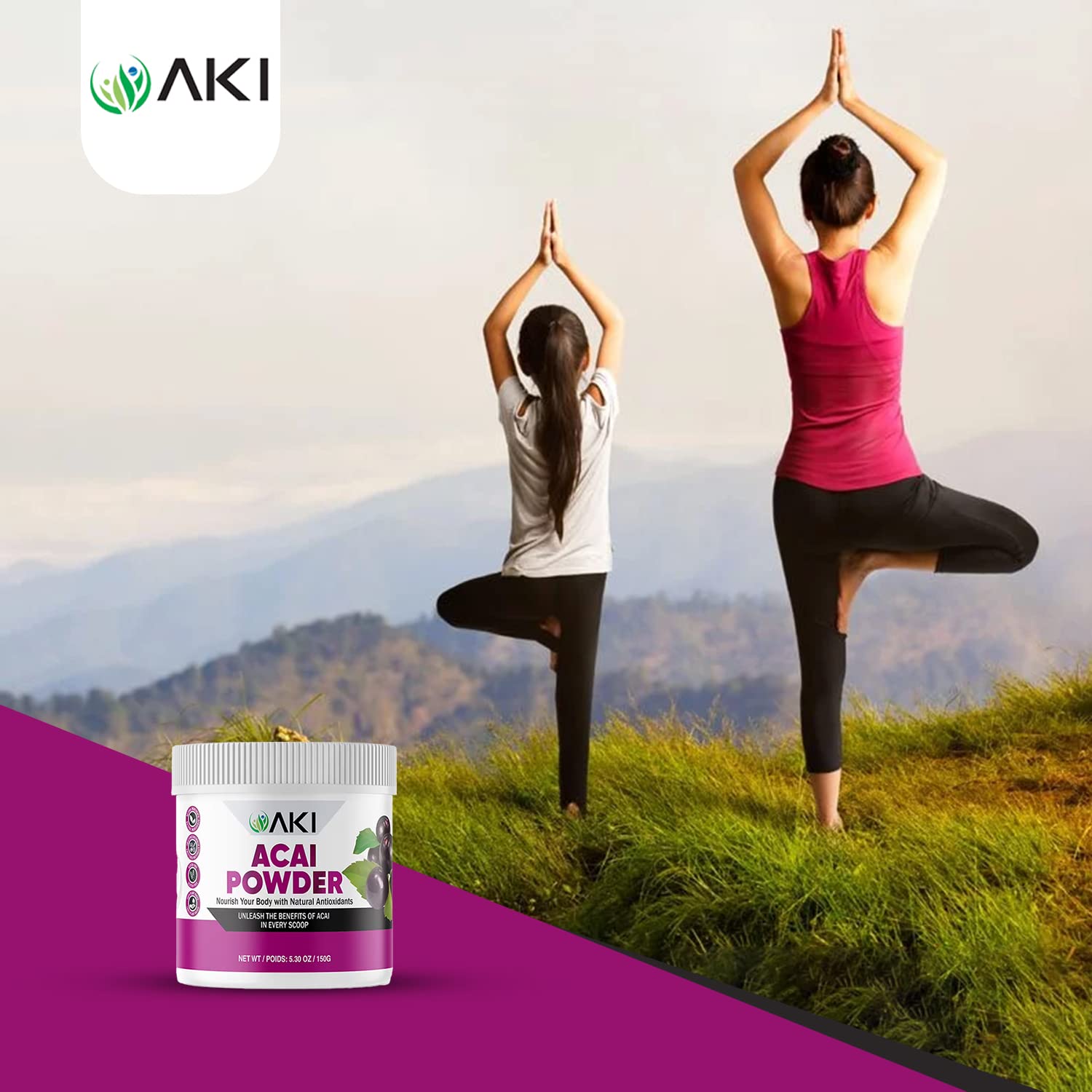 AKI Organic Acai Powder close-up reveals fine texture and natural aroma.