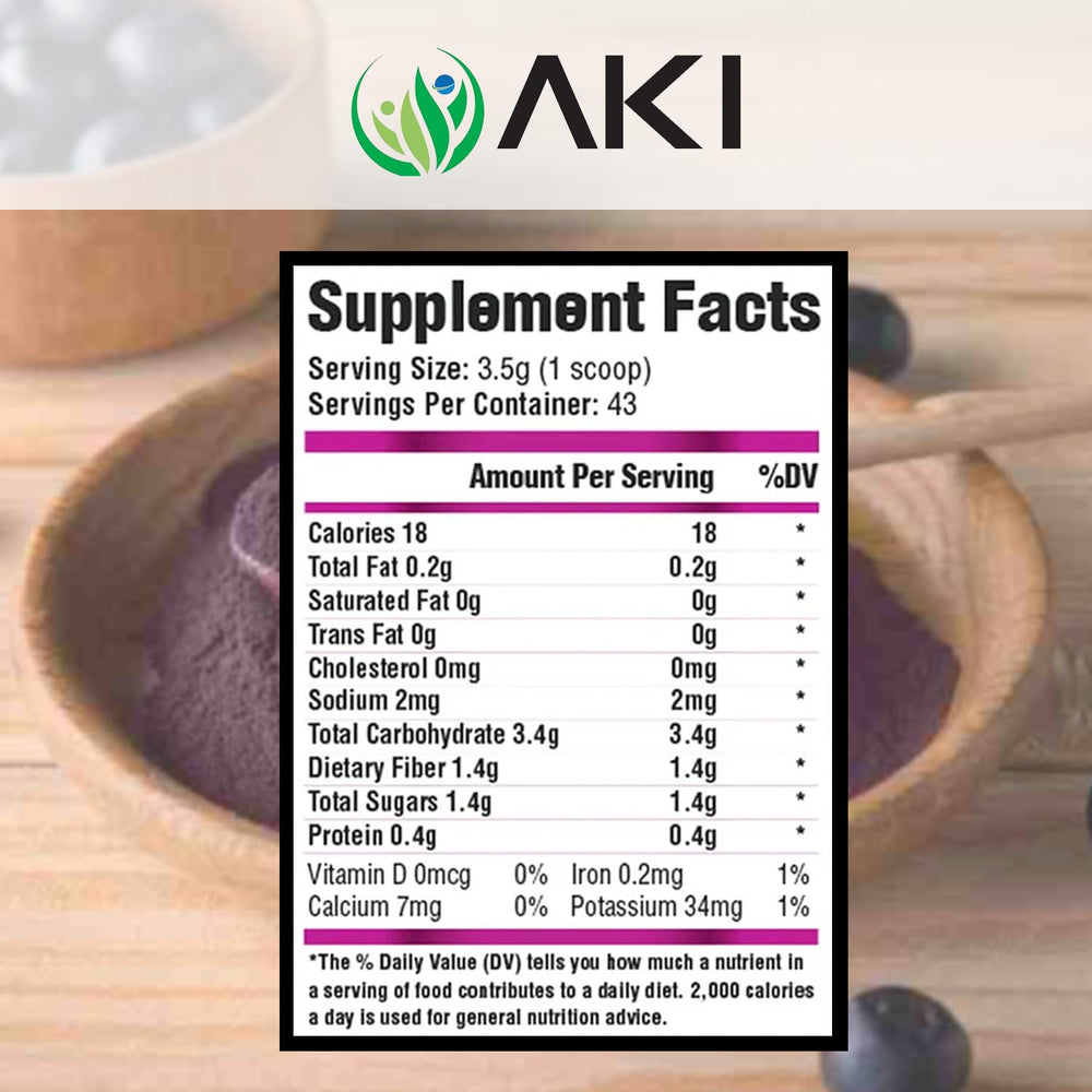 AKI Organic Acai Powder jar emphasizes gluten-free, vegan ingredients in convenient powder form.