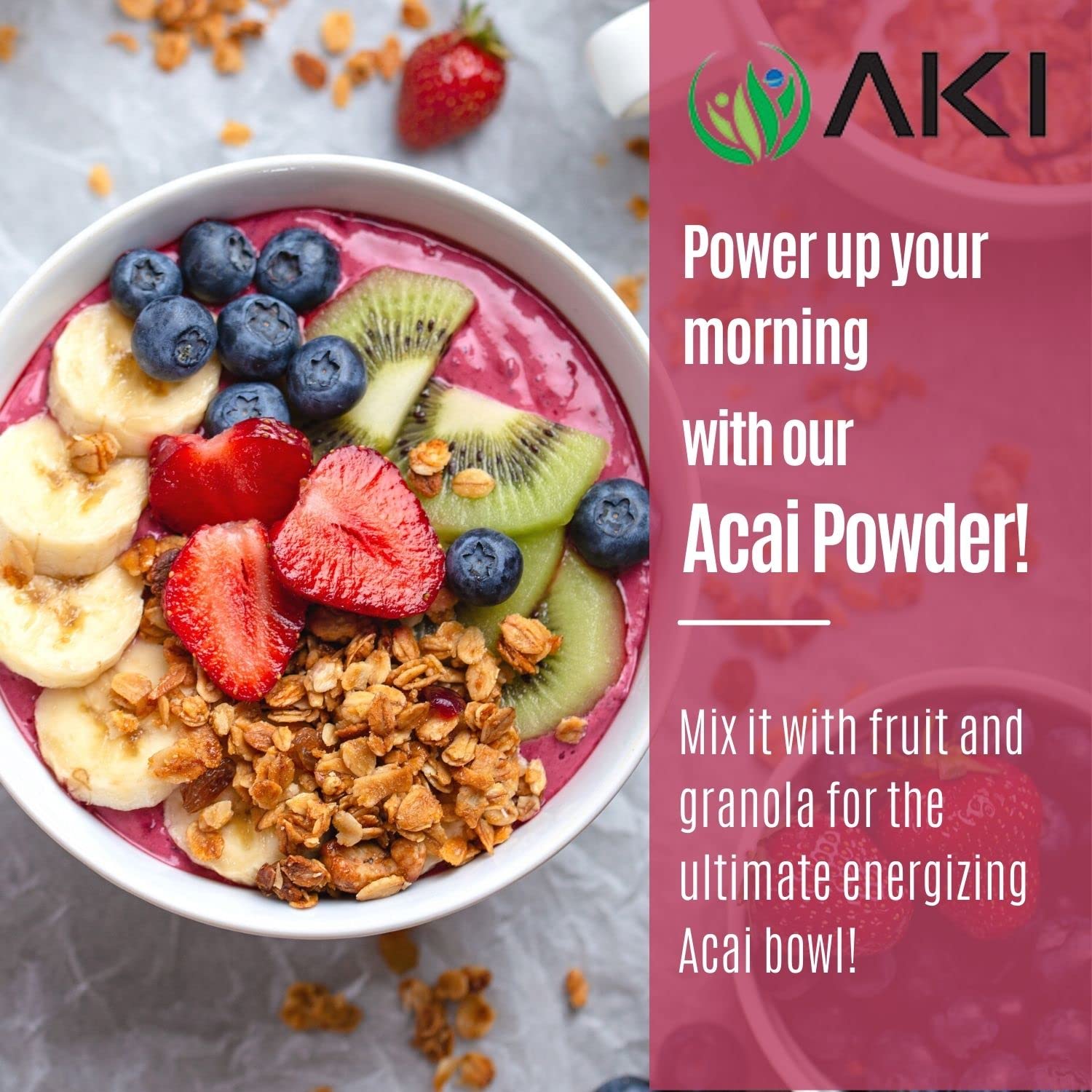 AKI Organic Acai Powder label conveys non-GMO sourcing and vitamin C content.