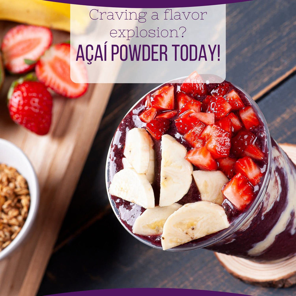 AKI Organic Acai Powder measuring spoon shows easy portioning for recipes.