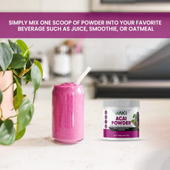 AKI Organic Acai Powder scoop highlights antioxidant-rich mix for quick snacks.
