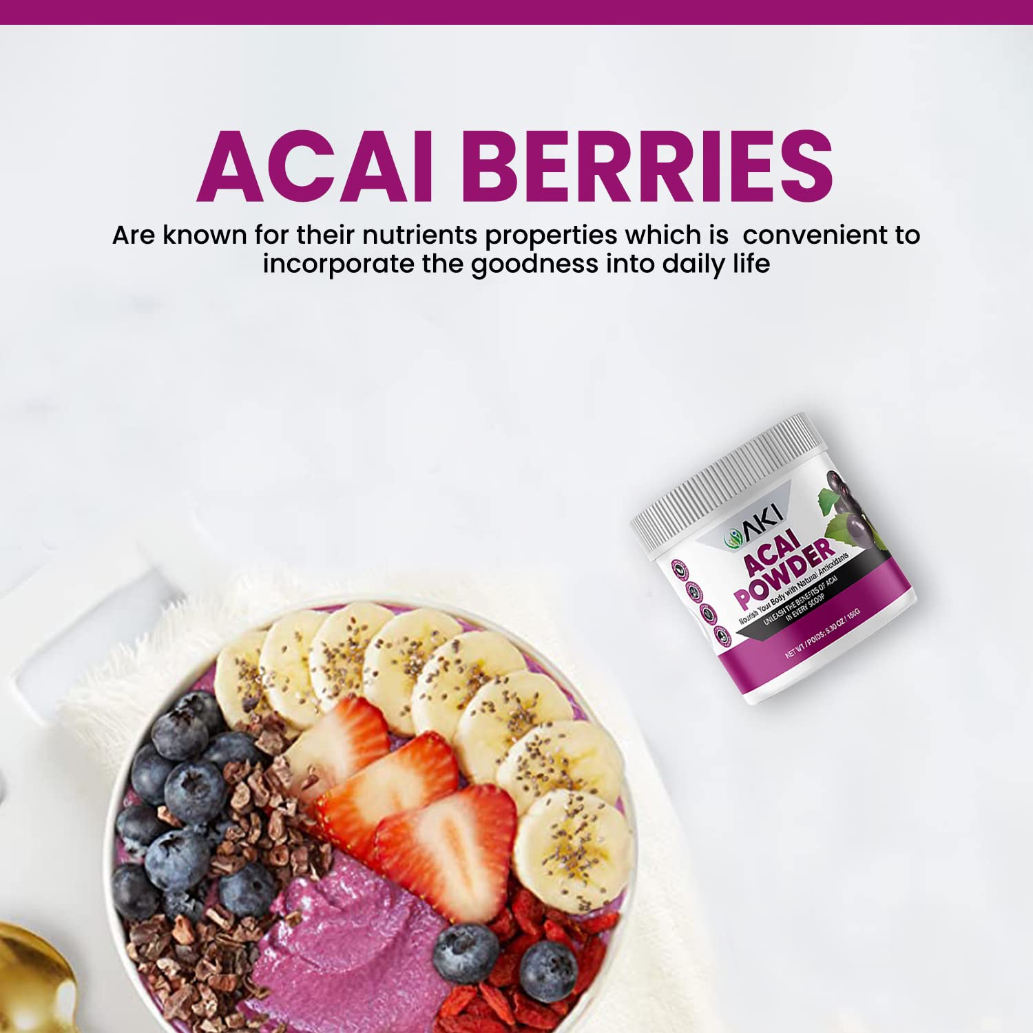 AKI Organic Acai Powder smoothie scene suggests vibrant color and energy boost possibilities.