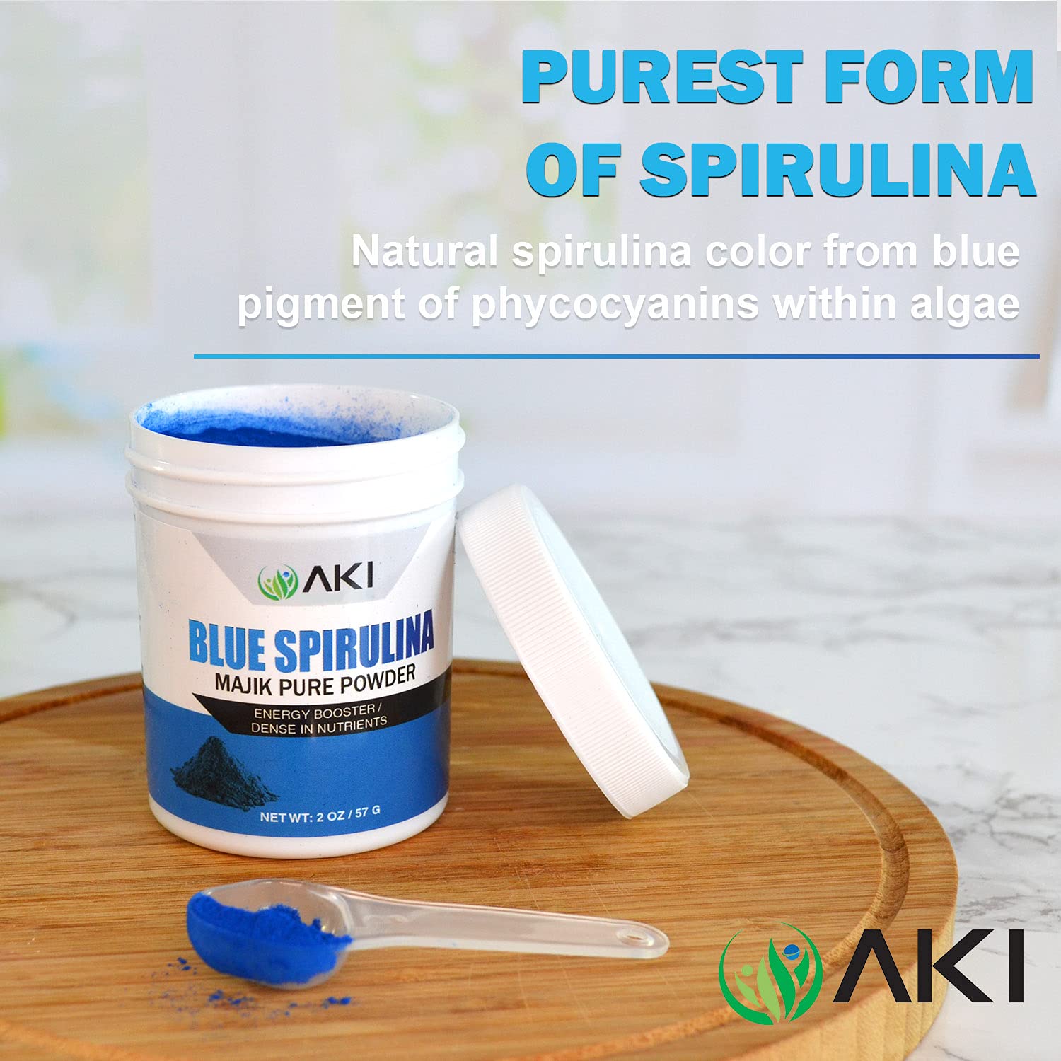 AKI Organic Blue Spirulina powder bag nutrition panel emphasizes plant-based nutrients