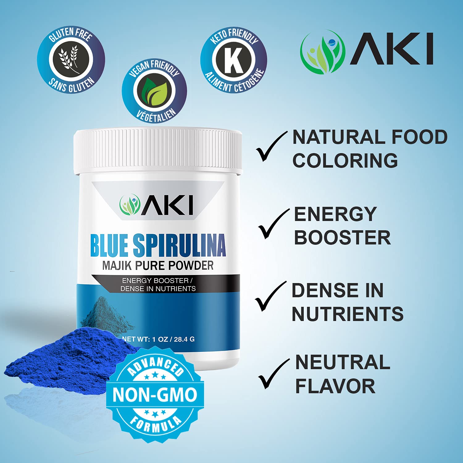 AKI Organic Blue Spirulina powder display showcasing compact 28g pack