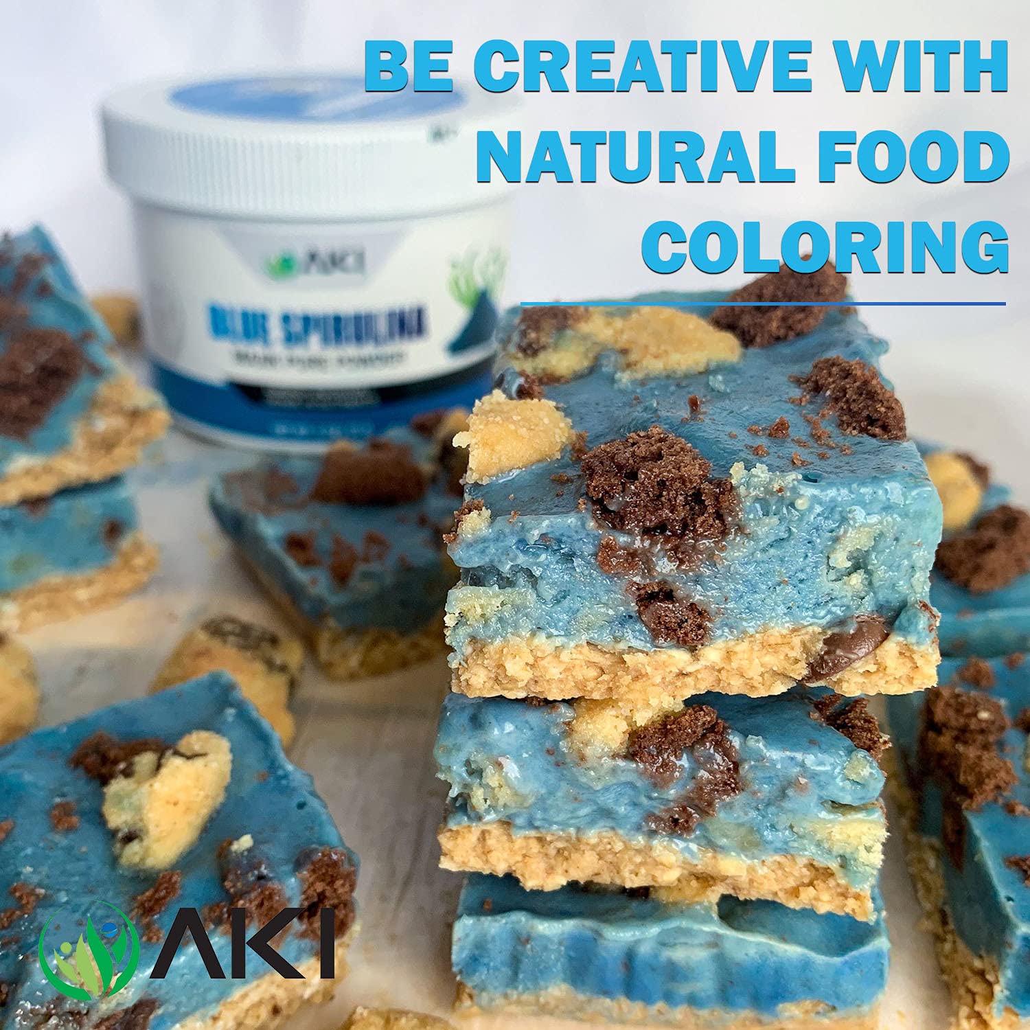 AKI Organic Blue Spirulina powder jar closeup highlighting vibrant cobalt color