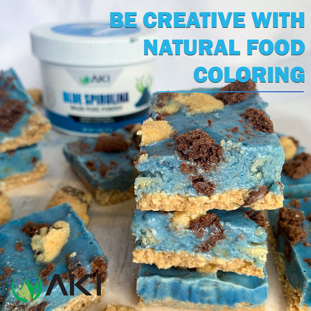 AKI Organic Blue Spirulina powder jar closeup highlighting vibrant cobalt color