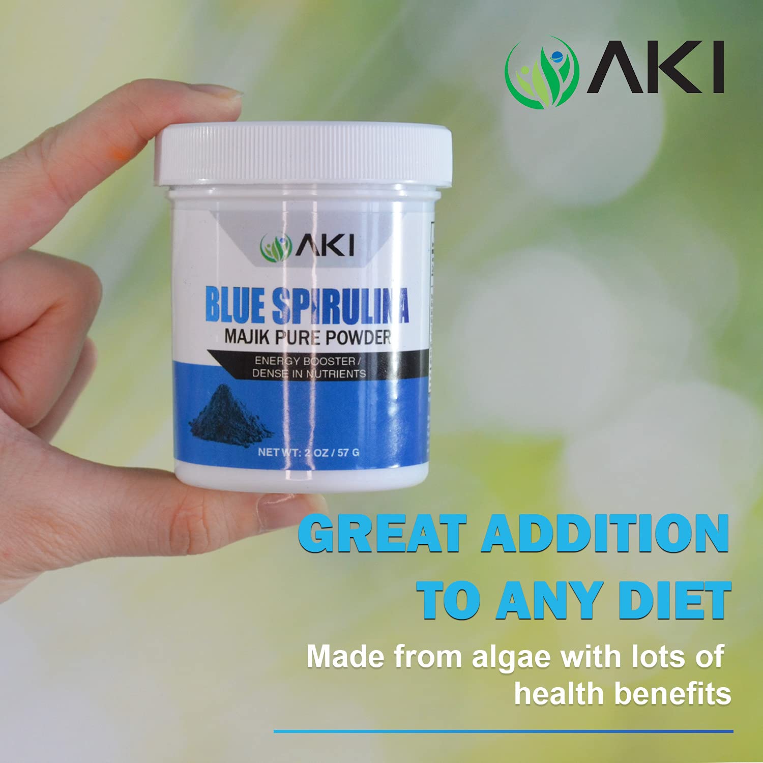 AKI Organic Blue Spirulina powder smoothie glass showing rich blue hue