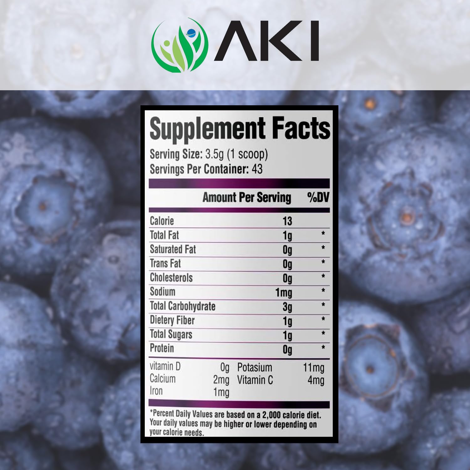 AKI Berry Bombshell blueberry powder scoop ready to blend into drinks.