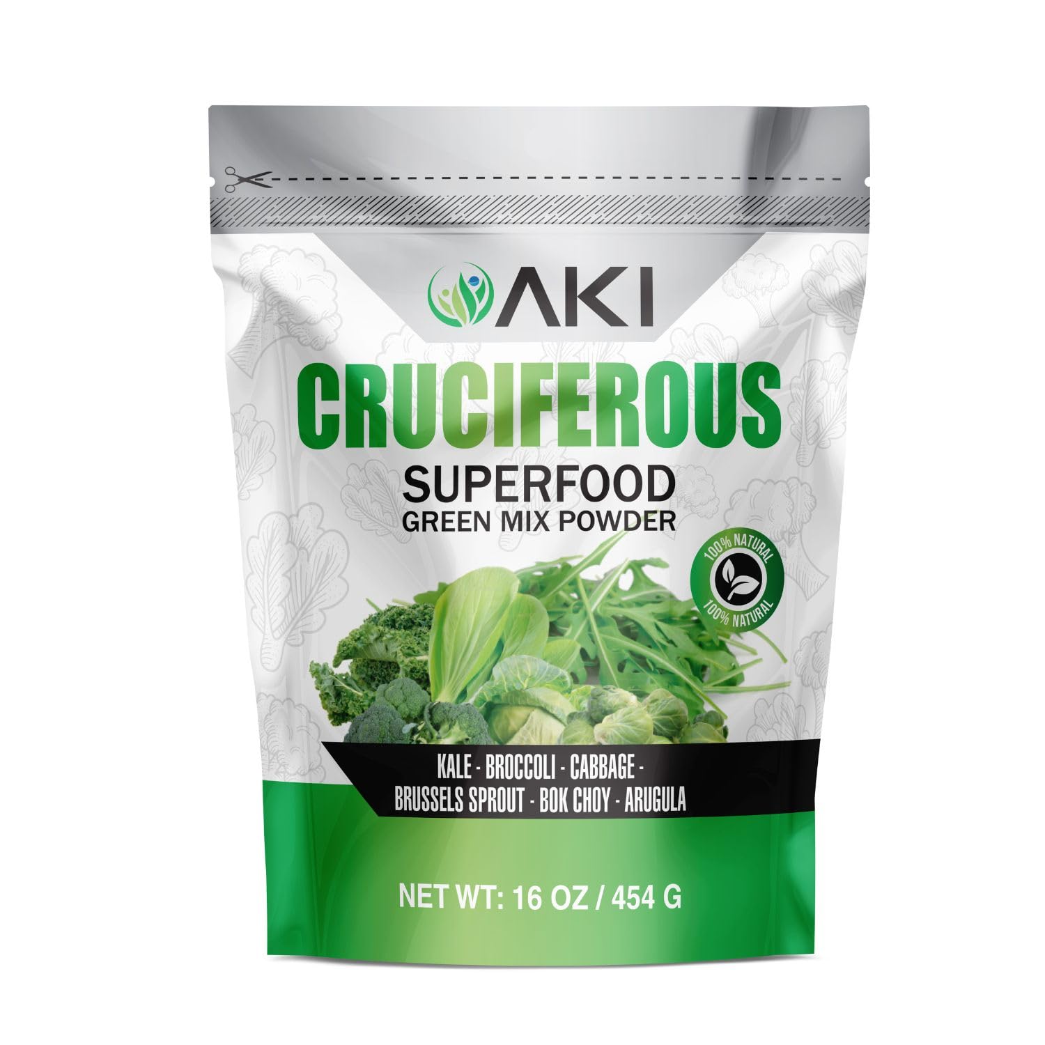 AKI ORGANIC cruciferous green mix bottle for convenient daily greens