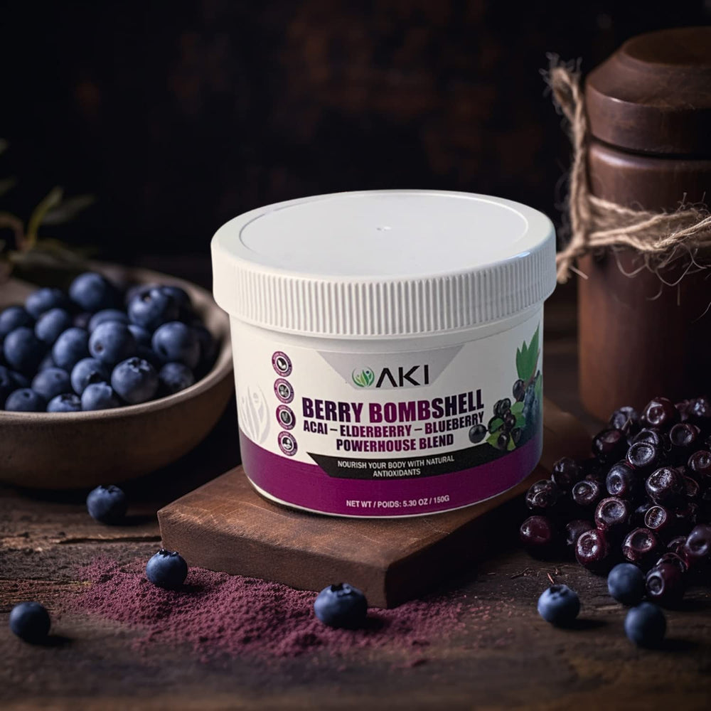 AKI Organic elderberry bottle with clear vegan, gluten-free label.