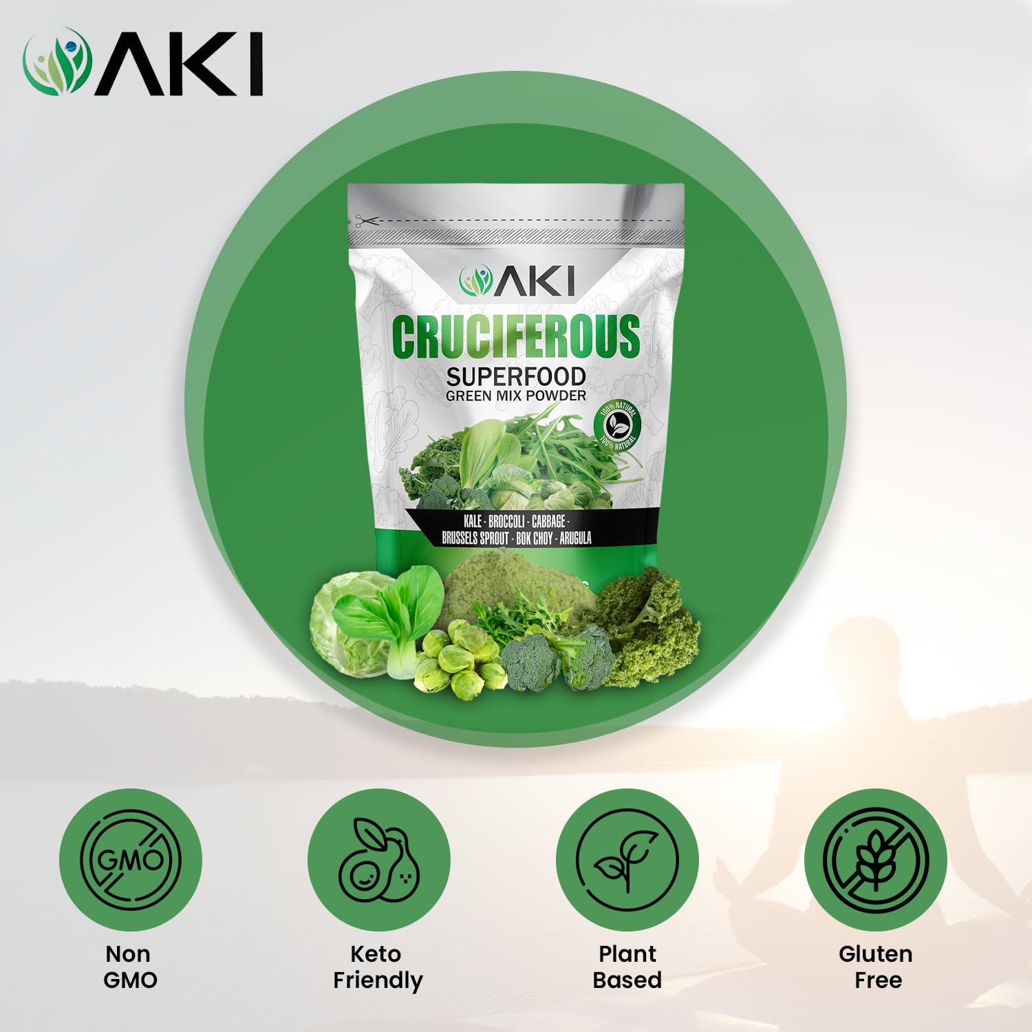 AKI ORGANIC green powder scoop ready to add to smoothies