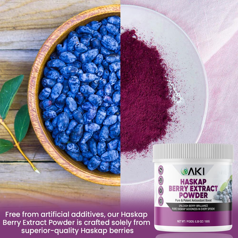 AKI ORGANIC bottle on shelf shows pure haskap powder with no artificial flavors.
