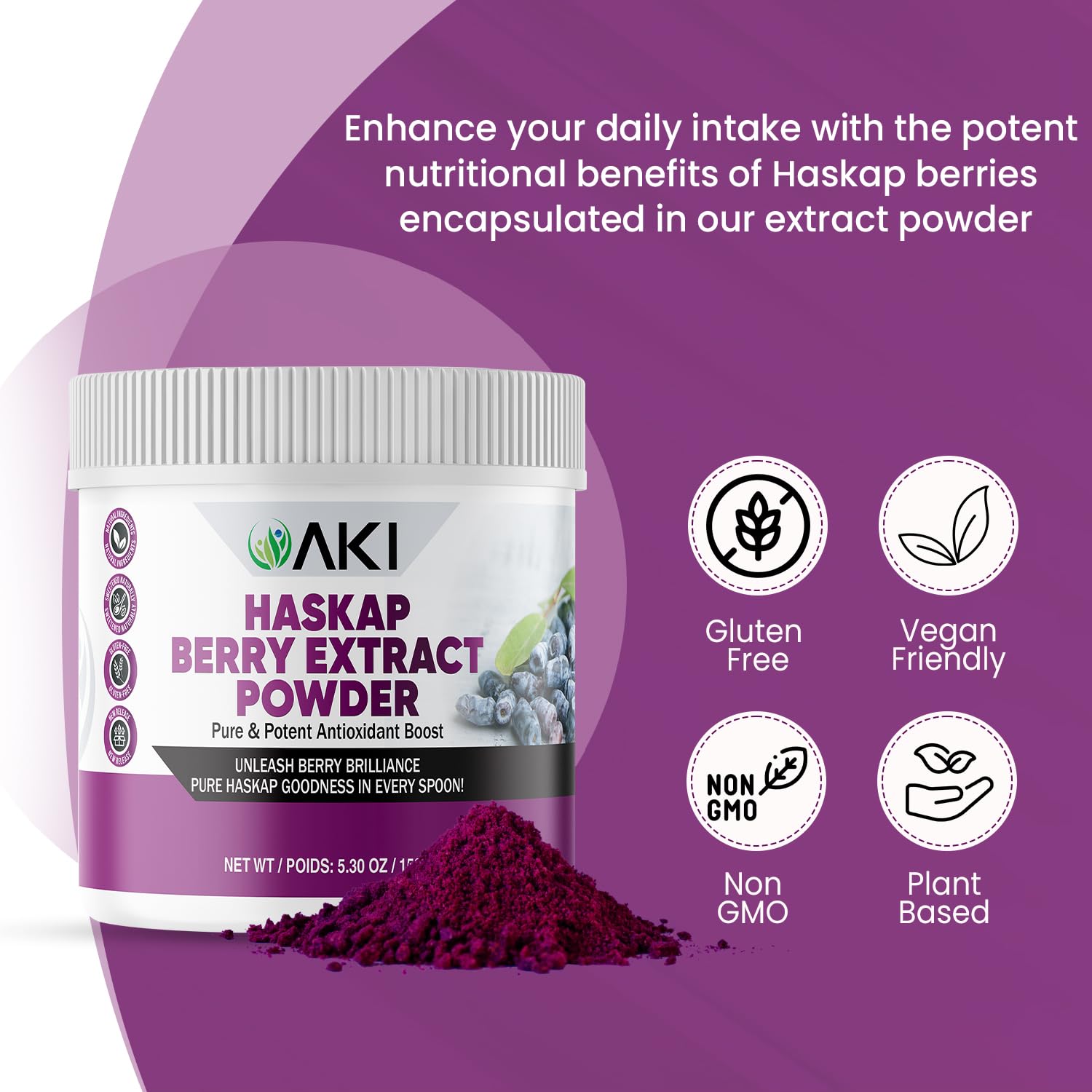 AKI ORGANIC dry berries illustration connects extract to premium dried berry base.