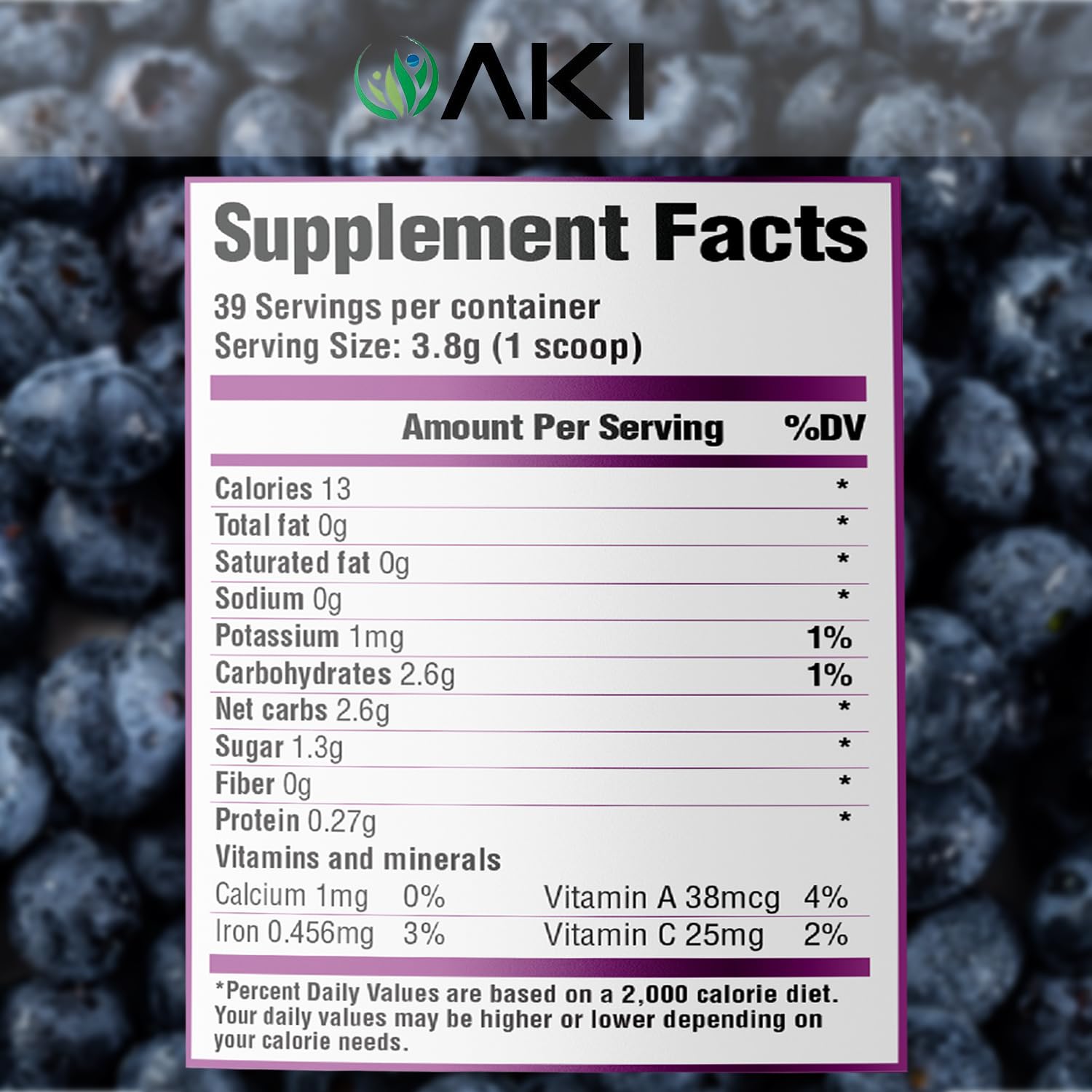 Measuring scoop next to water shows AKI ORGANIC powder for daily use.