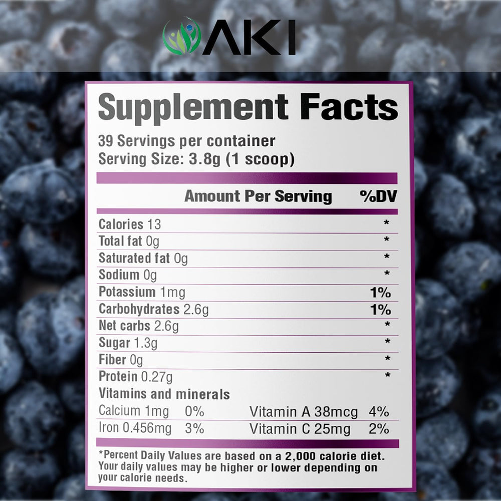 Measuring scoop next to water shows AKI ORGANIC powder for daily use.