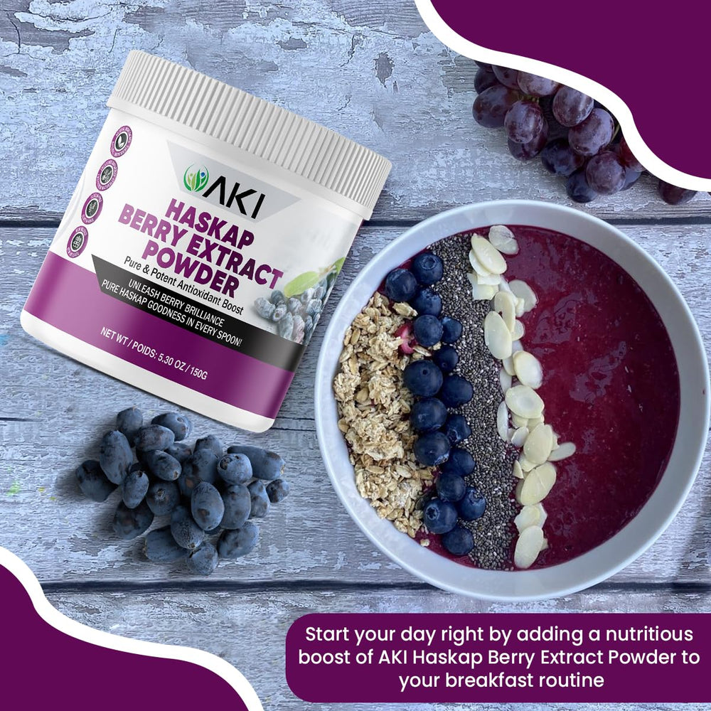 Vibrant AKI ORGANIC powder beside fresh berries suggests real fruit origin.