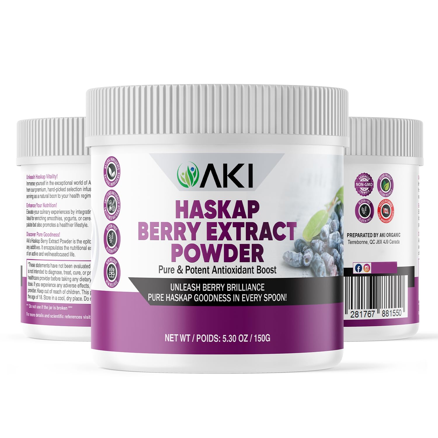 Spoon with AKI Haskap powder ready to mix into smoothies for vitamin C boost.