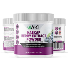 Spoon with AKI Haskap powder ready to mix into smoothies for vitamin C boost.
