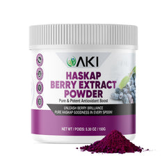 AKI ORGANIC Haskap Berry Extract Powder tub highlighting antioxidant-rich daily vitality.