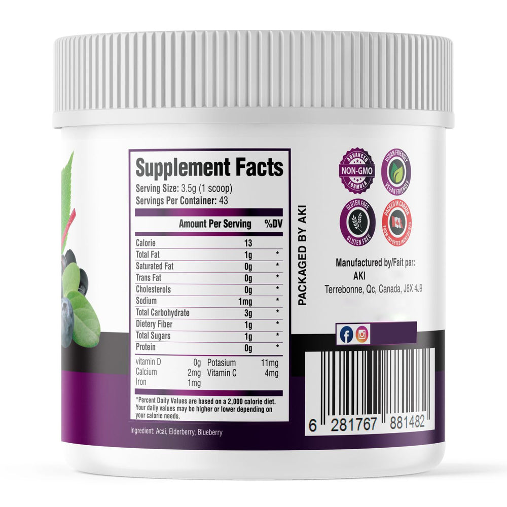 Measuring scoop beside AKI Berry Bombshell powder.