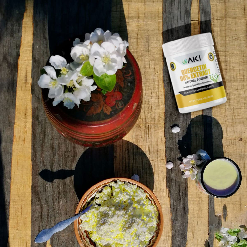 Closeup of AKI ORGANIC Quercetin Powder showing fine texture for easy mixing.