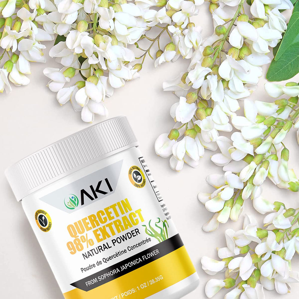 Quality control seal on AKI ORGANIC Quercetin Powder indicates care.