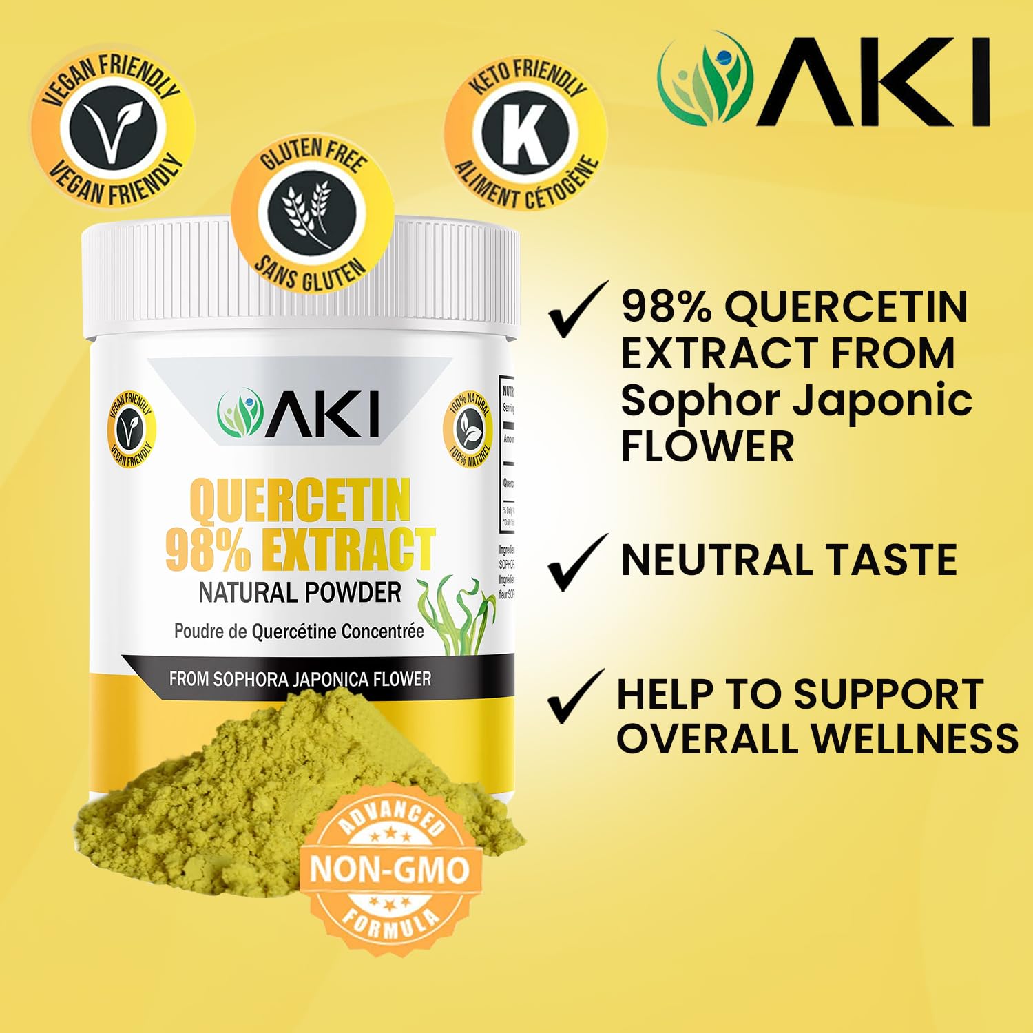 Scoop of AKI ORGANIC Quercetin Powder ready to add to smoothies.