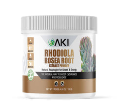 AKI Organic Rhodiola Root Powder jar for daily wellness boost.