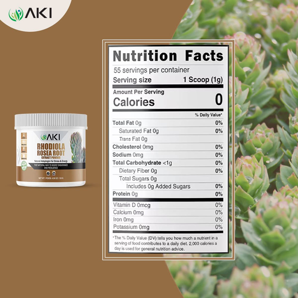 AKI Organic Rhodiola Root Powder packaging emphasizing sustainability and vegan credentials.