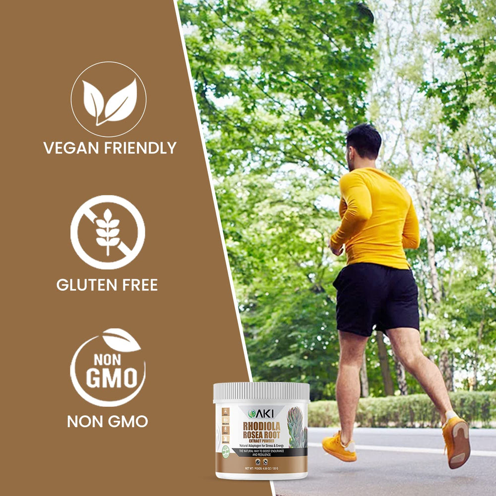 AKI Organic Rhodiola Root Powder pouring into a glass for daily routine.