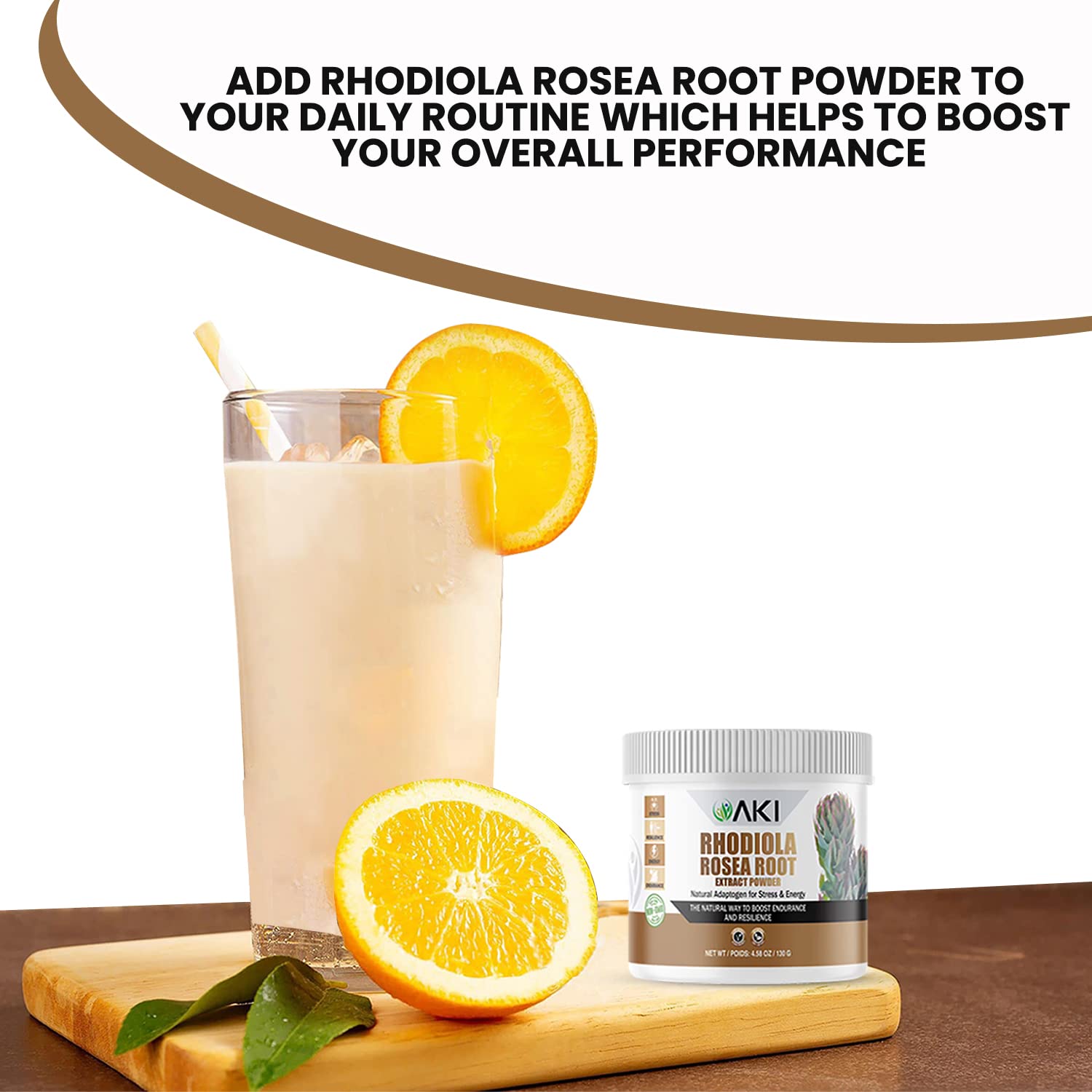 AKI Organic Rhodiola Root Powder scoop beside jar for easy dosing.