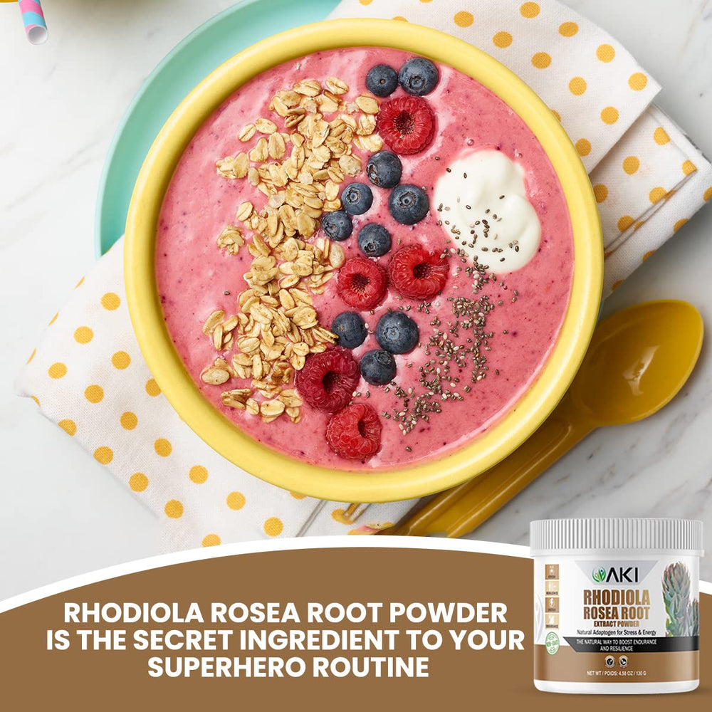 AKI Organic Rhodiola Root Powder mixed into a smoothie for natural energy.