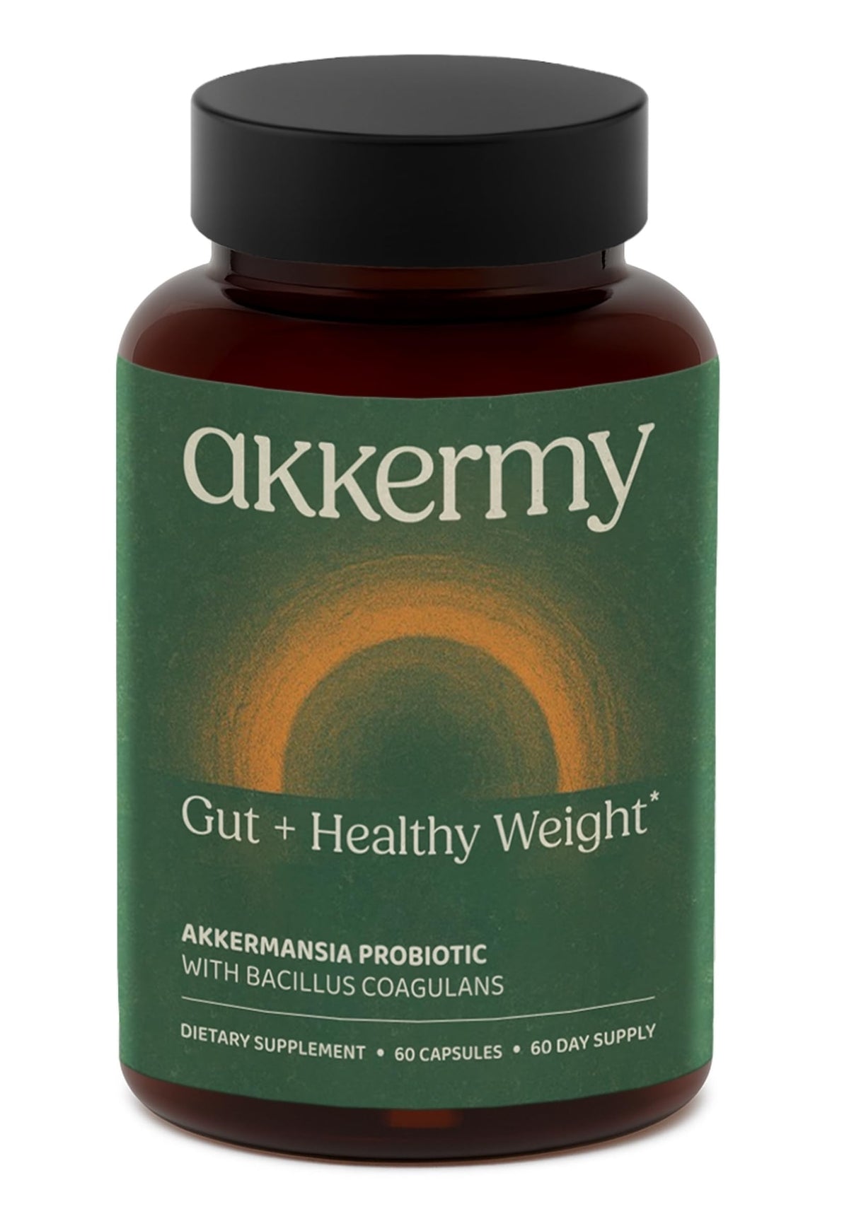 Akkermy Akkermansia probiotic bottle front promoting two-month appetite support