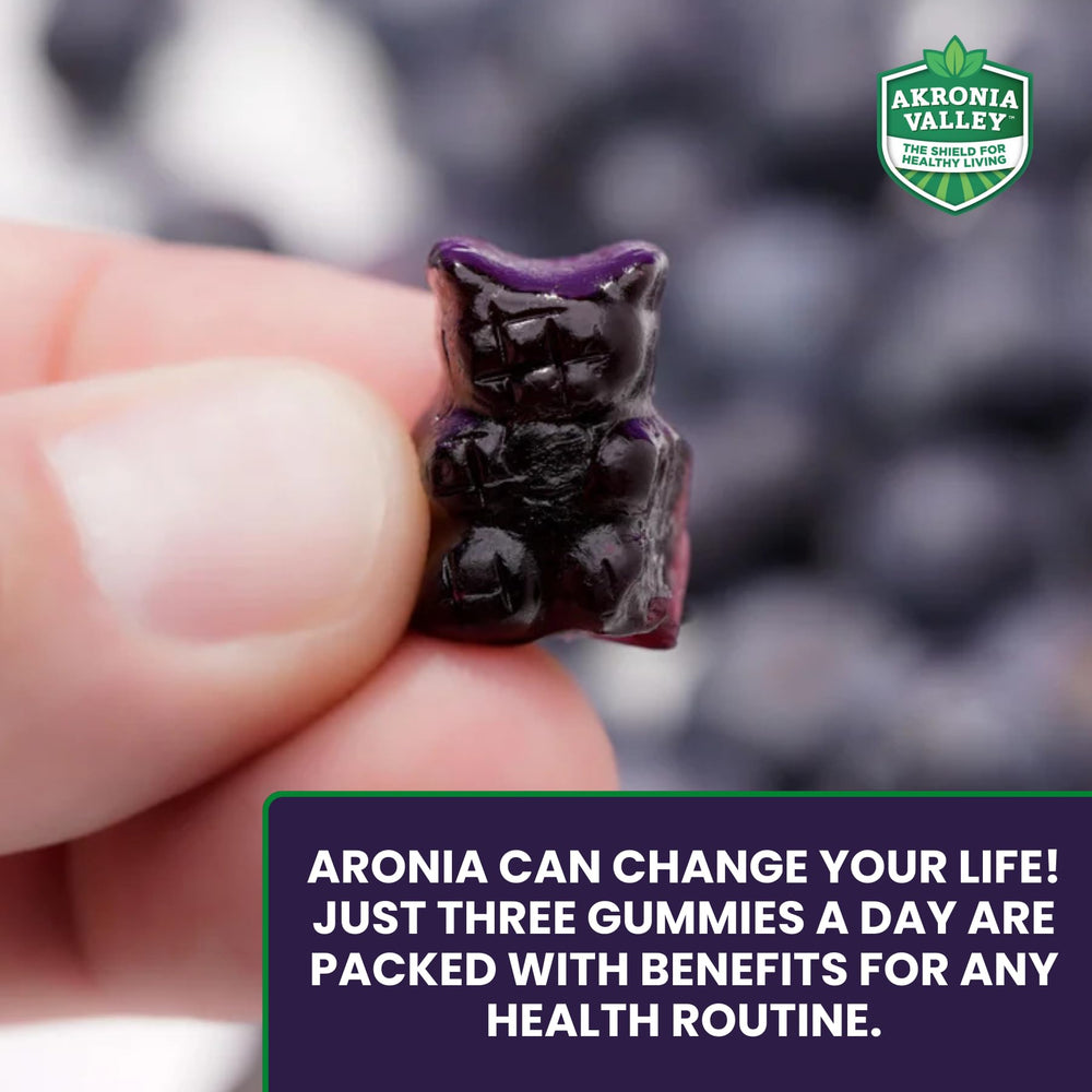 Akronia Valley Aronia Berry Gummies bottle on table shows convenient two-pack value