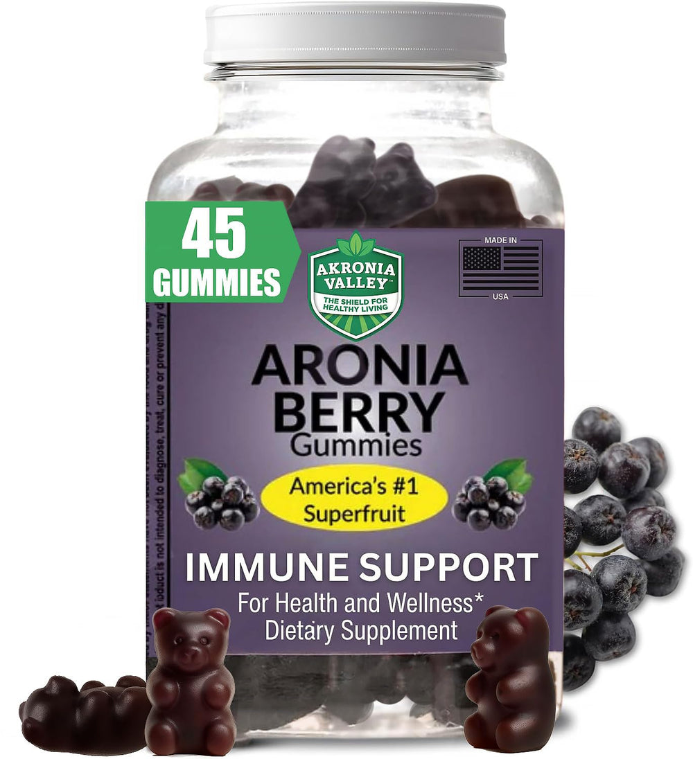 Akronia Valley Aronia Gummies bottle on table for convenient daily support.