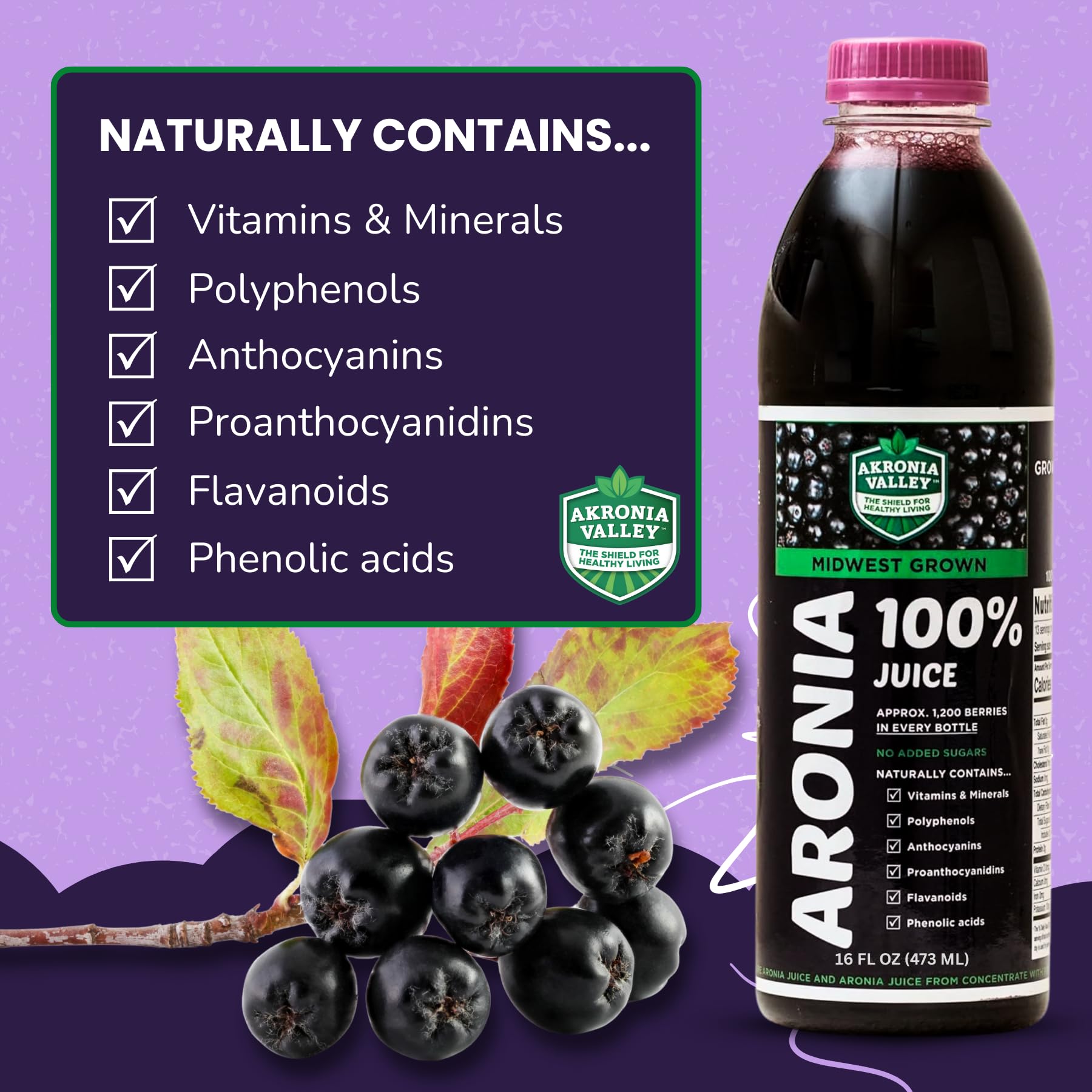 Akronia Valley aronia juice bottle closeup highlighting pure, natural ingredients.